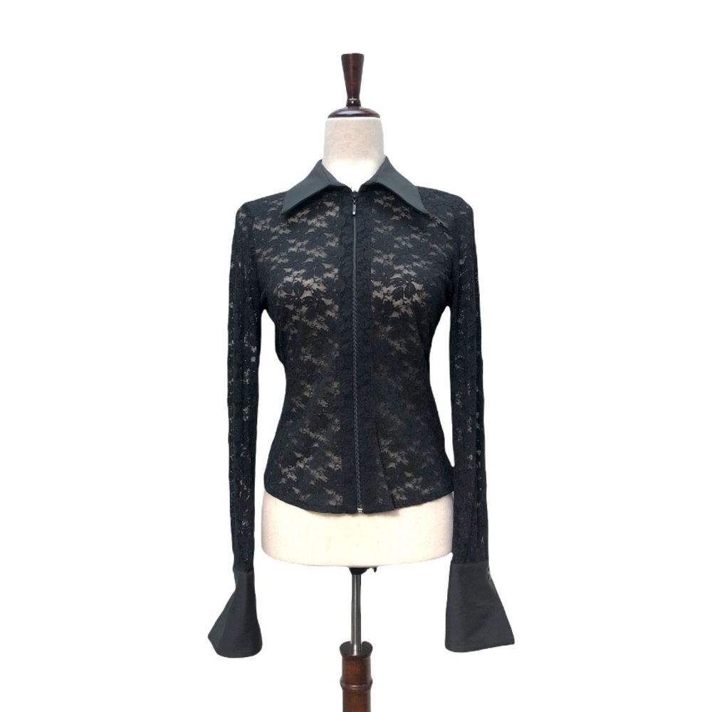 CAbi Sheer Floral Lace Zip Up Collar Sweater With Cuffs - Black | Medium | M